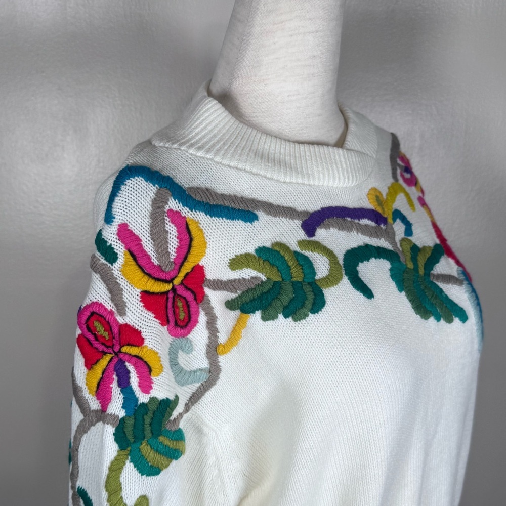 White Crewel Embroidered Bright Floral Long Sleeve Boho Sweater Vintage Sz L - Picture 6 of 11